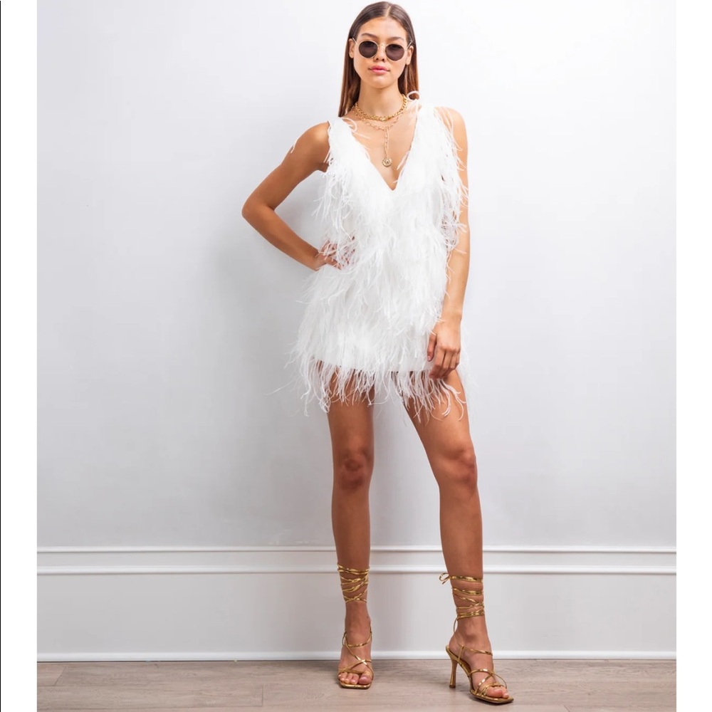 Feather-Trim V-Neck Mini Dress in White